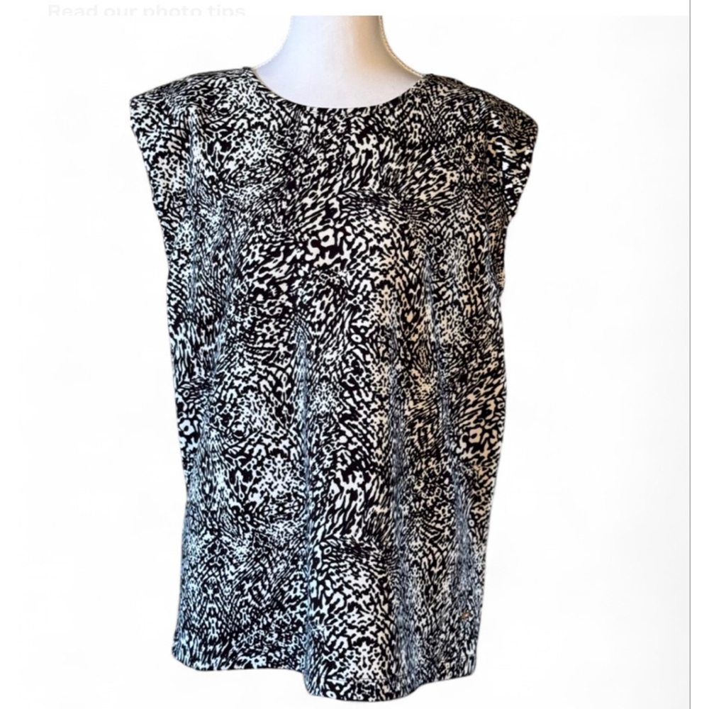 Nine West Animal Print Shoulder Pad Blouse XL Gold Chain Back NWOT